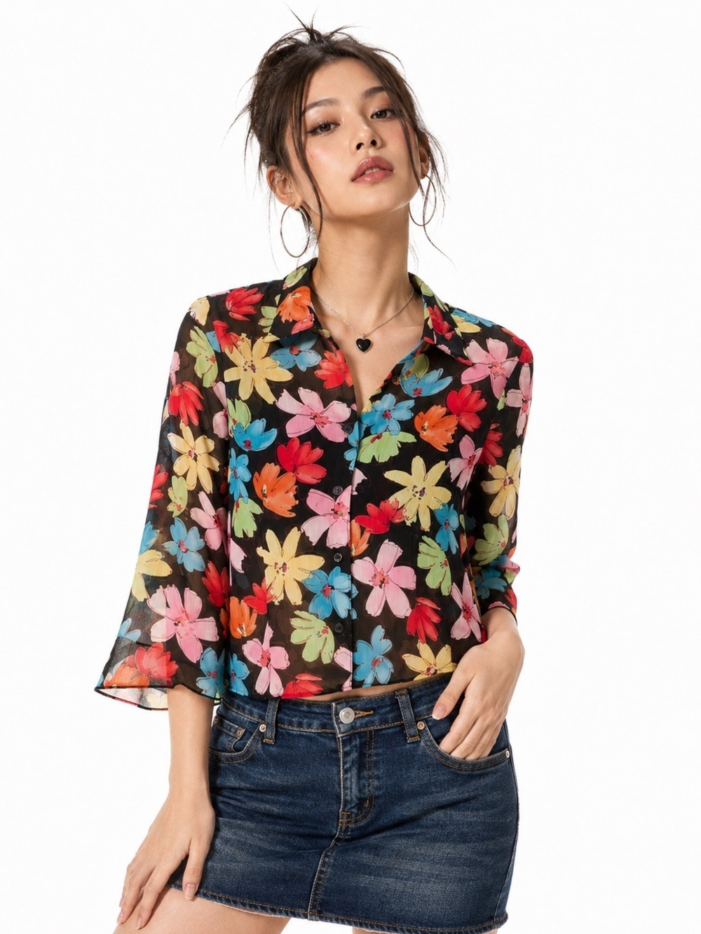 NOTATIONS Y2K sheer Flower button down blouse collars boho women’s size S